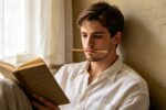 Un jeune homme lit un livre près d'une fenêtre, un crayon tenu entre les lèvres