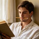 Un jeune homme lit un livre près d'une fenêtre, un crayon tenu entre les lèvres