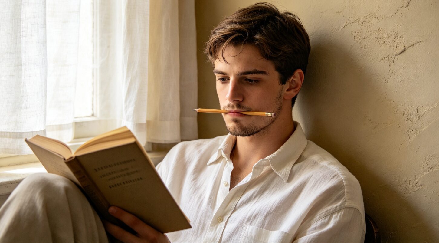 Un jeune homme lit un livre près d'une fenêtre, un crayon tenu entre les lèvres